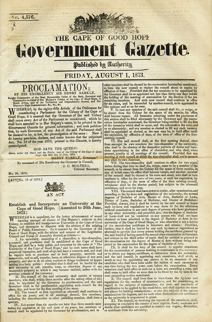 <p>The University of the Cape of Good Hope (later Unisa) is founded. Its mandate is not to teach, but to set examinations for schools and colleges, and to award qualifications.</p>